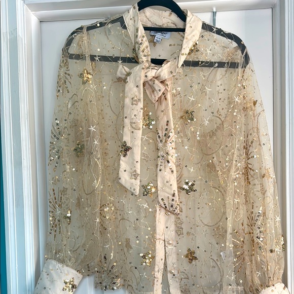 Unique Vintage Champagne Celestial Sequin Sheer Gwen Blouse - Picture 4 of 7